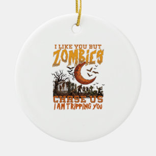 Zombies Chase Us Halloween Graveyard Crescent Moon Ceramic Ornament