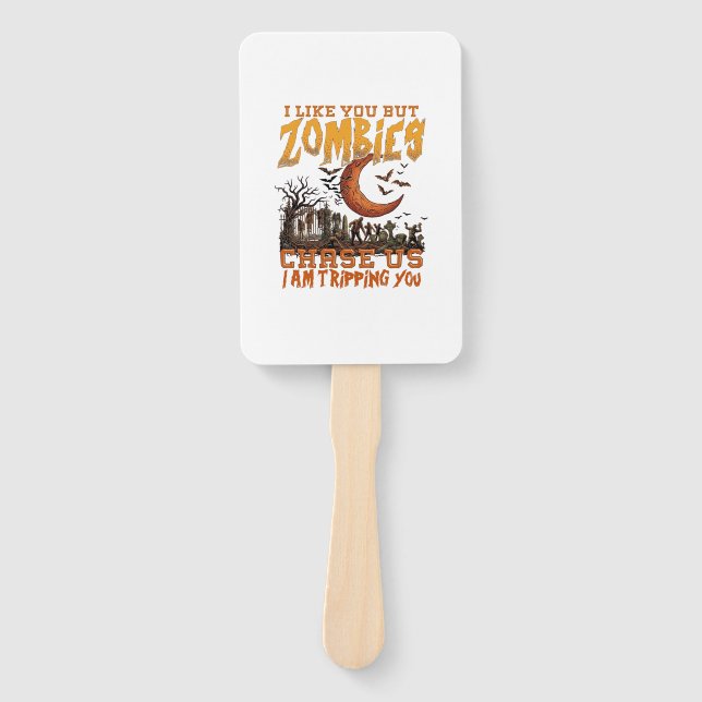 Zombies Chase Us Halloween Graveyard Crescent Moon Hand Fan (Front)
