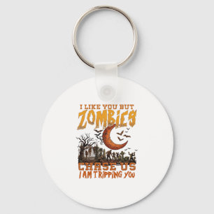 Zombies Chase Us Halloween Graveyard Crescent Moon Keychain