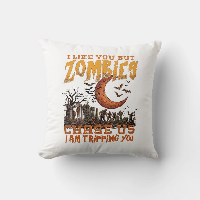 Zombies Chase Us Halloween Graveyard Crescent Moon Throw Pillow (Front)