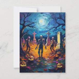 Zombies Rising in Moonlit Graveyard with Pumpkins Postcard
