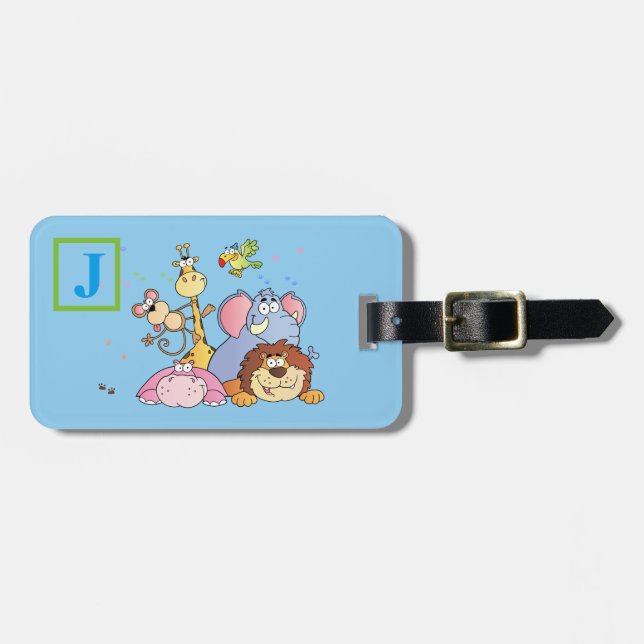 Zoo Animal Blue Luggage Tag with Initial (Front Horizontal)