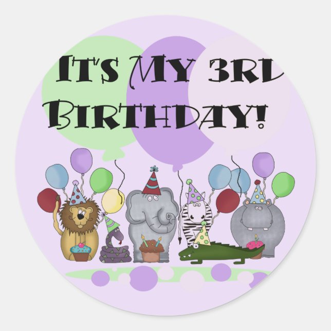 Zoo Animals 3rd Birthday Tshirts and Gifts Classic Round Sticker (Front)