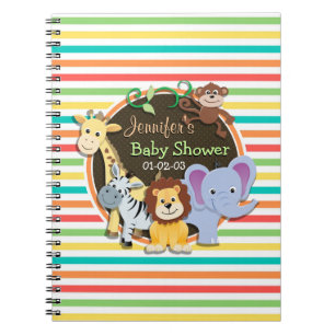 Zoo Animals Baby Shower, Bright Rainbow Stripes Notebook