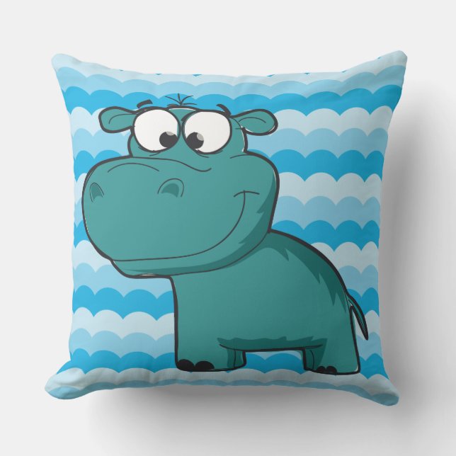 Zoo Animals Cartoon Blue Hippo Hippopotamus Throw Pillow (Front)