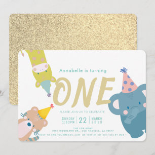 Zoo Animals Elephant Gold Glitter 1st Birthday Invitation