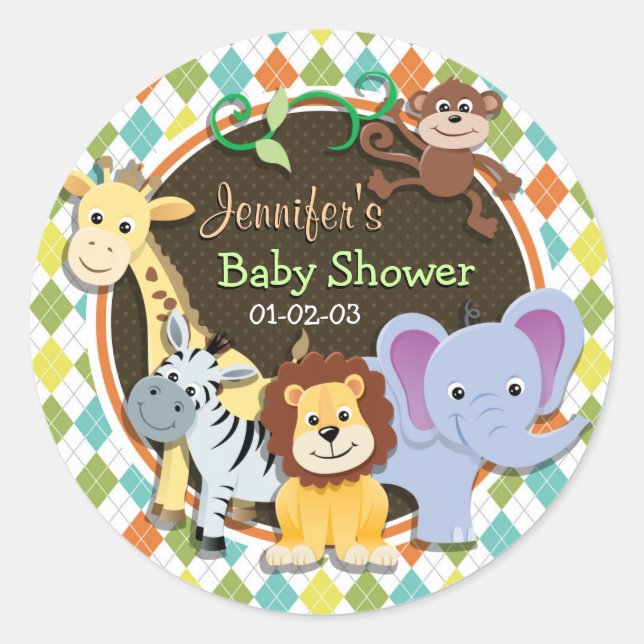 Zoo Animals on Colourful Argyle Classic Round Sticker (Front)