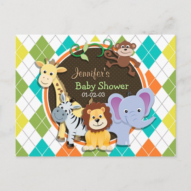 Zoo Animals on Colourful Argyle Invitation Postcard (Front)