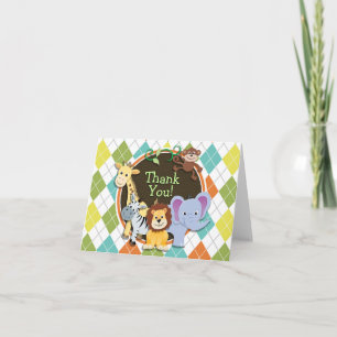Zoo Animals on Colourful Argyle Thank You Card
