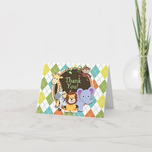 Zoo Animals on Colourful Argyle Thank You Card (Front)