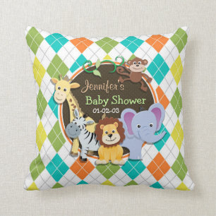 Zoo Animals on Colourful Argyle Throw Pillow