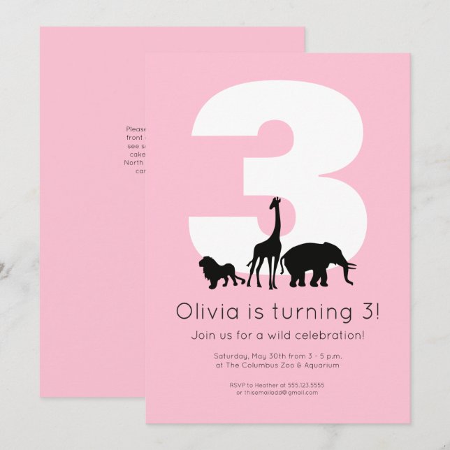 Zoo animals pink kids birthday party invitation (Front/Back)