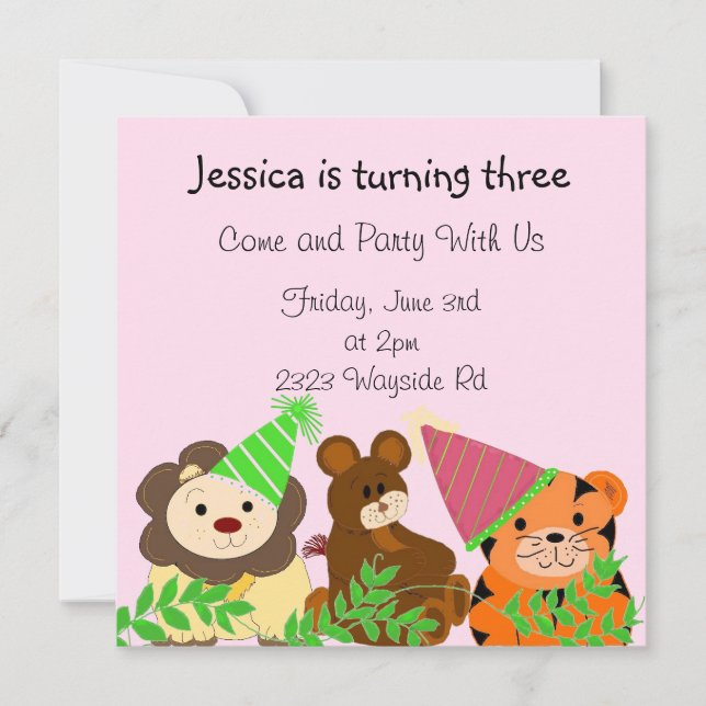 Zoo Animals With Party Hats Birthday Invitation (Front)