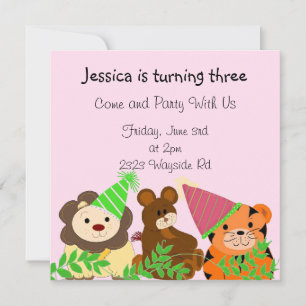 Zoo Animals With Party Hats Birthday Invitation