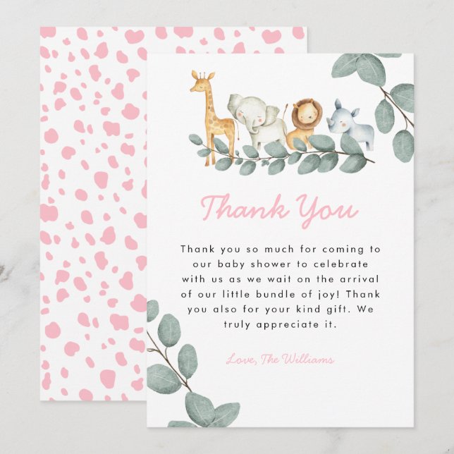 Zoo Animaux Fille Baby shower Carte de remerciemen (Devant / Derrière)