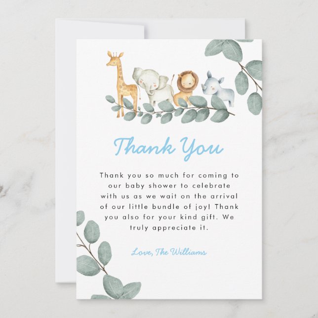 Zoo Animaux Garçon Baby shower Carte de remercieme (Devant)