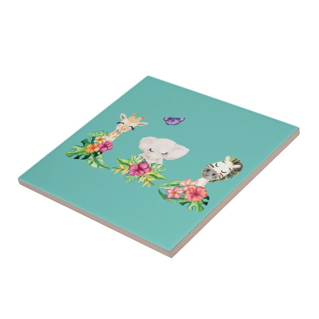 Zoo Babies With Flowers Ceramic Tile (Side)