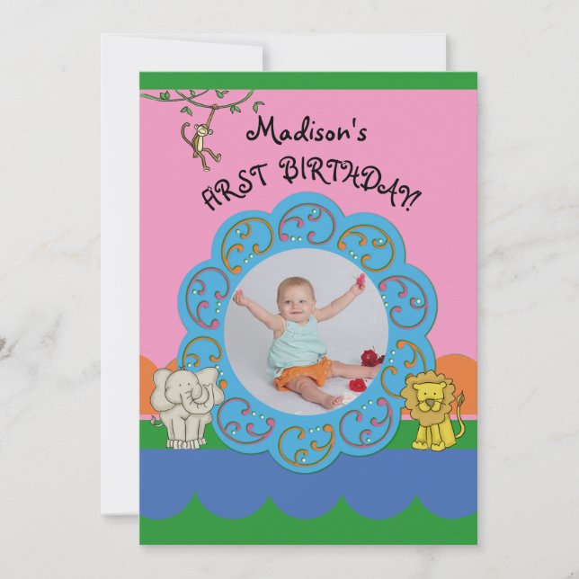 Zoo Funnies Girl First Birthday Photo Invitation (Front)