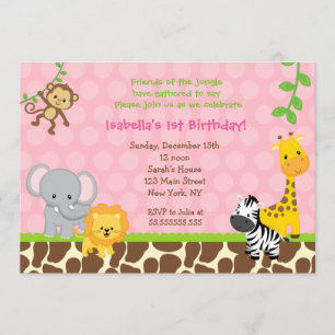 Zoo Jungle Safari Birthday Party Invitations Girl