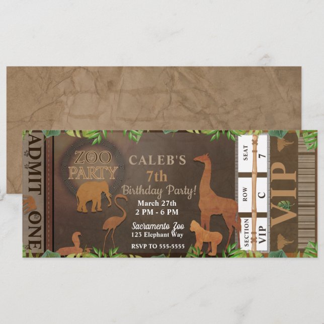 ZOO PARTY Brown Animals Birthday Party Ticket Invitation (Front/Back)