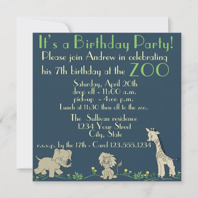 Zoo Themed  Birthday Party Invitation (Front)