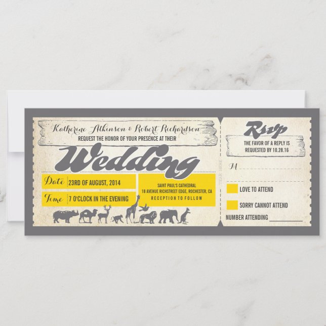 Zoo wildlife animals wedding invitation tickets (Front)