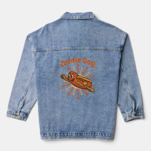 Zoomie Dog Flying Hot Dog Cartoon – Fun Retro Denim Jacket
