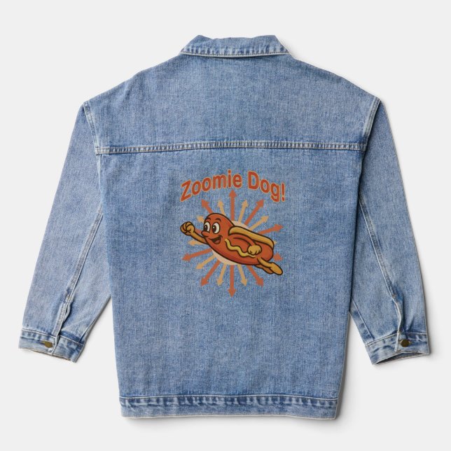 Zoomie Dog Flying Hot Dog Cartoon – Fun Retro Denim Jacket (Back)