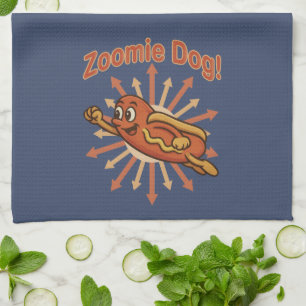 Zoomie Dog Flying Hot Dog Cartoon – Fun Retro Kitchen Towel