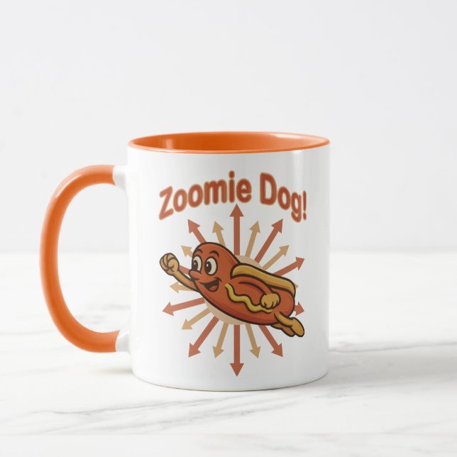 Zoomie Dog Flying Hot Dog Cartoon – Fun Retro Mug (Left)
