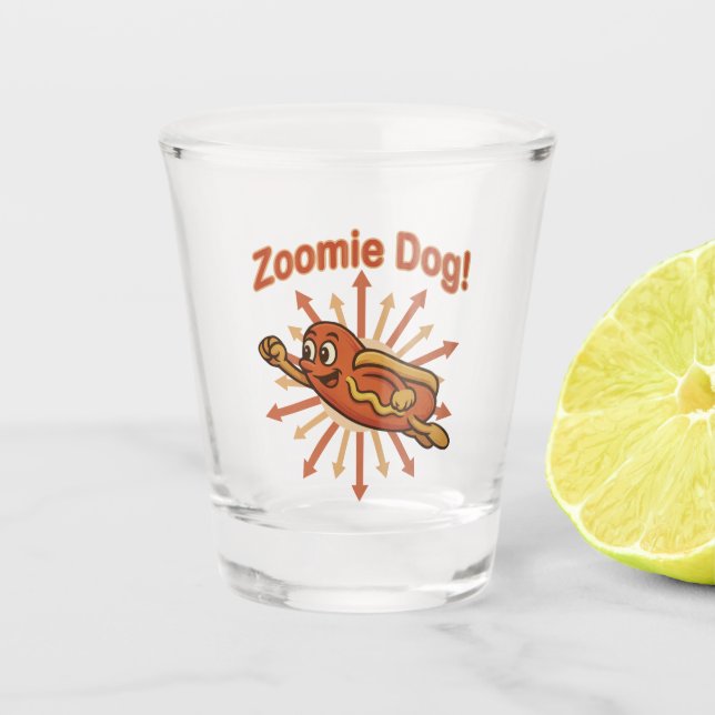 Zoomie Dog Flying Hot Dog Cartoon – Fun Retro Shot Glass (Front)
