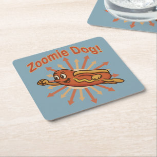 Zoomie Dog Flying Hot Dog Cartoon – Fun Retro Square Paper Coaster
