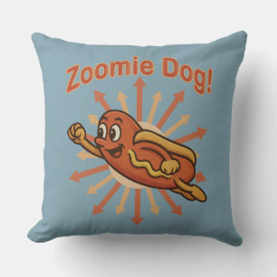Zoomie Dog Flying Hot Dog Cartoon – Fun Retro Throw Pillow