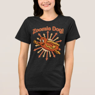 Zoomie Dog Flying Hot Dog Cartoon – Fun Retro Tri-Blend Shirt