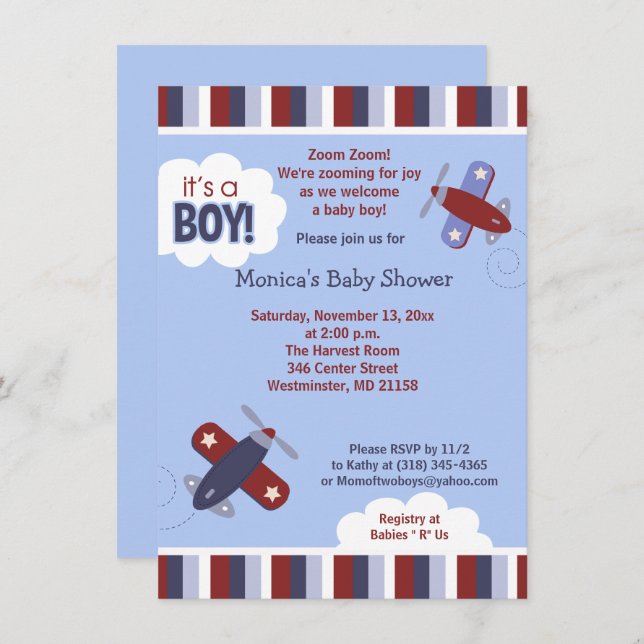 Zooming Airplane Invitation Red and Navy (Front/Back)