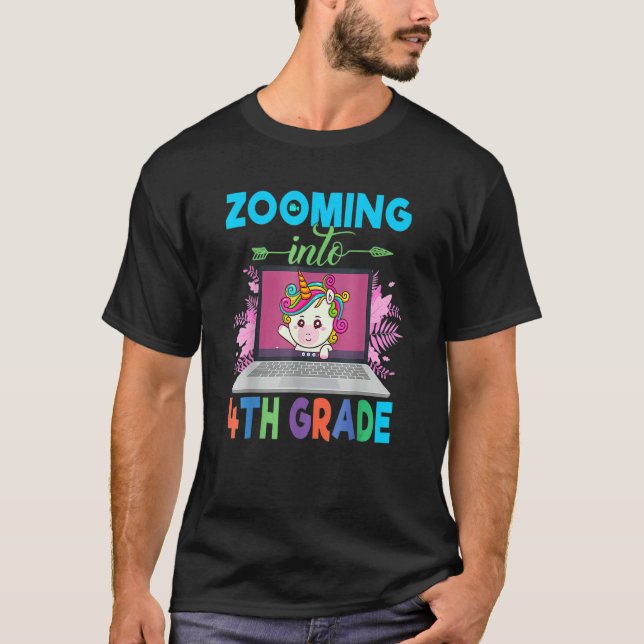 Zooming Into 4th Grade  Unicorn Virtual Back To Sc T-Shirt (Front)