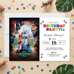 Zootopia 2 Birthday Party Invitation<br><div class="desc">Invite friends to a fun-filled celebration with this colorful Zootopia 2 birthday invitation featuring Nick Wilde, Judy Hopps, and all their animal friends from the bustling city of Zootopia. The design pairs a vibrant rainbow zebra print background with bold, playful lettering that reads “Birthday Party!” accented by cute paw prints....</div>