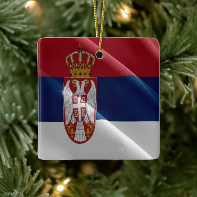 zRS002 SERBIAN waving FLAG SERBIA, Europe, Ceramic Ornament (Tree)