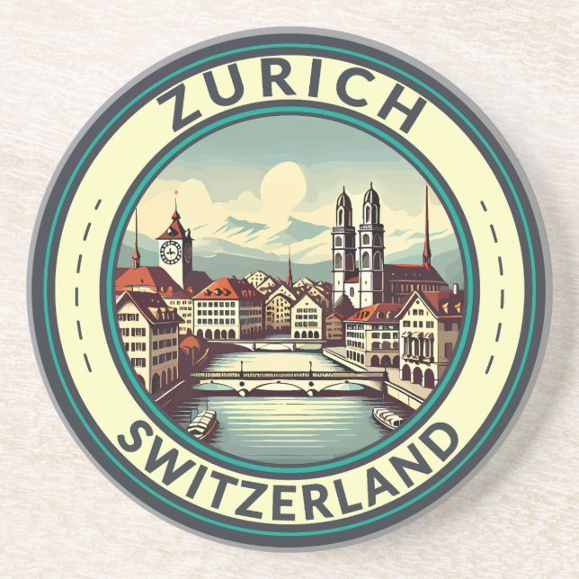 Zurich Switzerland Illustration Travel Art Badge Coaster (Front)
