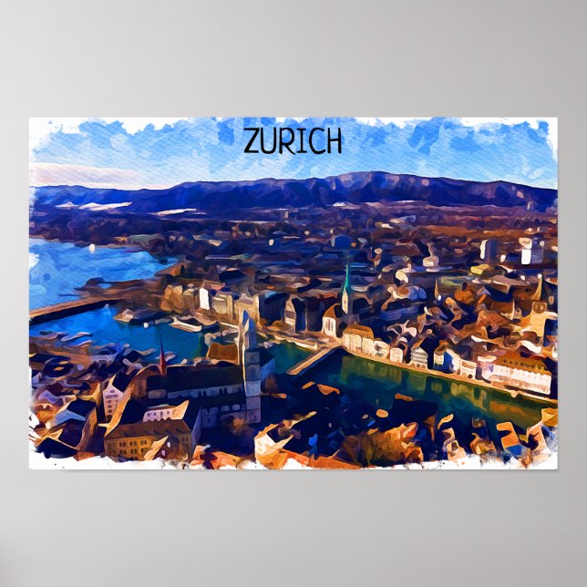 Zurich Switzerland Panorama View Watercolor Poster (Front)