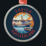 Zurich Switzerland Retro Distressed Circle Metal Ornament<br><div class="desc">Zurich retro vector travel design. The picturesque lanes of the central Altstadt (Old Town),  on either side of the Limmat River,  reflect its pre-medieval history.</div>