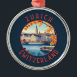 Zurich Switzerland Retro Distressed Circle Metal Ornament<br><div class="desc">Zurich retro vector travel design. The picturesque lanes of the central Altstadt (Old Town),  on either side of the Limmat River,  reflect its pre-medieval history.</div>