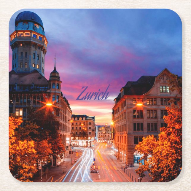 Zurich Switzerland Sunset Square Paper Coaster (Front)