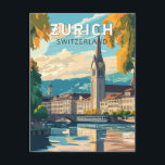 Zurich Switzerland Travel Art Vintage Postcard<br><div class="desc">Zurich retro vector travel design. The picturesque lanes of the central Altstadt (Old Town),  on either side of the Limmat River,  reflect its pre-medieval history.</div>