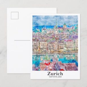 Zurich Switzerland Travel Watercolor Hand Drawn Postcard
