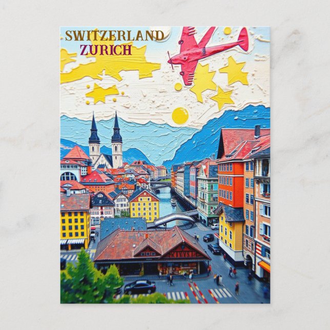Zurich Switzerland Vintage  Travel Art Postcard (Front)