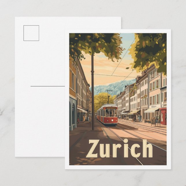 Zurich Switzerland Vintage Travel Illustration Postcard (Front/Back)