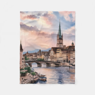 Zurich Switzerland Watercolor Painting Fleece Blanket
