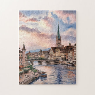 Zurich Switzerland Watercolor Painting Jigsaw Puzzle