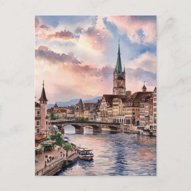 Zurich Switzerland Watercolor Painting Postcard (Front)